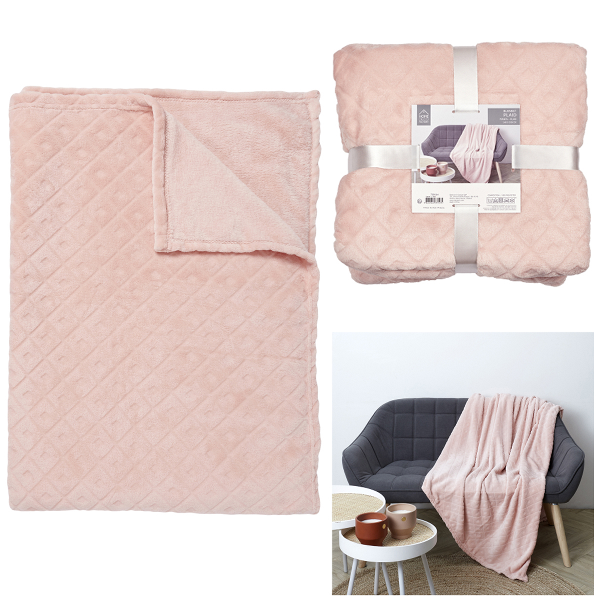 Plaid velours \'Scarlett\' rose (embossé) - 140x200 cm - [A3513]