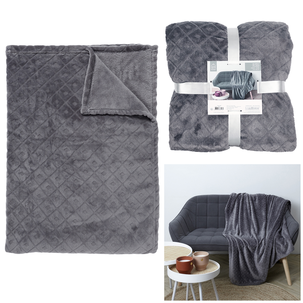 Plaid velours \'Scarlett\' gris (embossé) - 140x200 cm - [A3515]