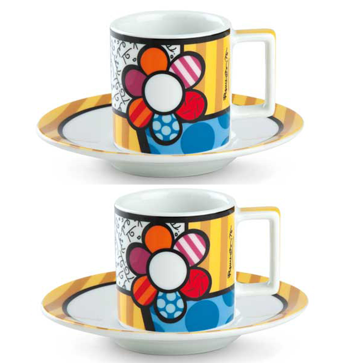 Service 2 tasses à café céramique \'Britto\' multicolore (fleur) - 6x6 cm - [A3606]