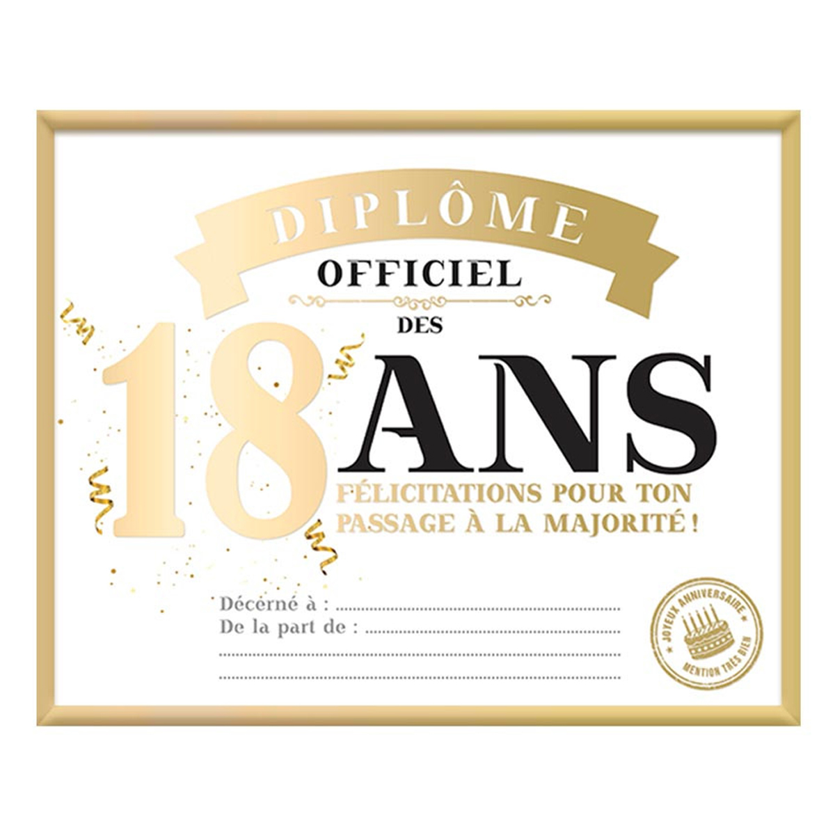 Cadre diplôme officiel des \'18 ans\' doré - 25x20 cm - [A3650]