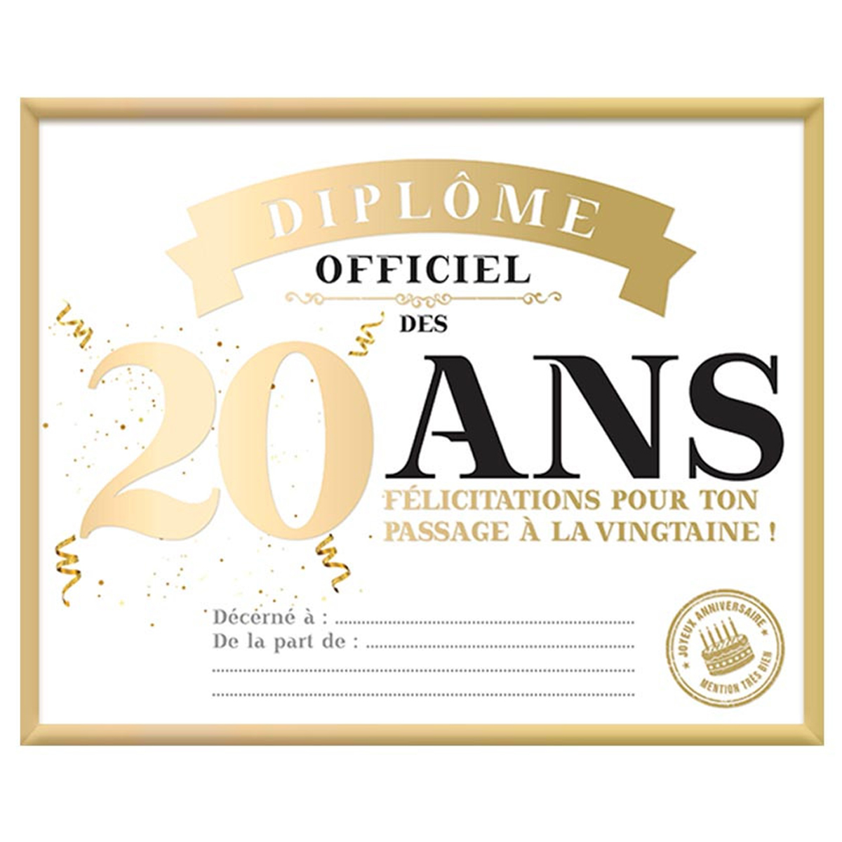 Cadre diplôme officiel des \'20 ans\' doré - 25x20 cm - [A3651]