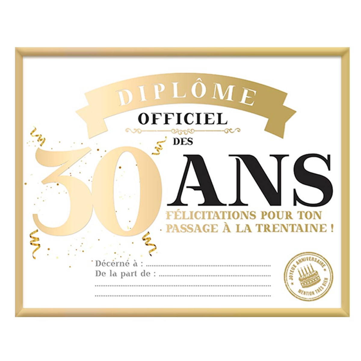 Cadre diplôme officiel des \'30 ans\' doré - 25x20 cm - [A3652]