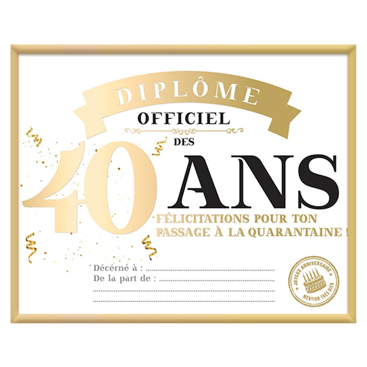 Cadre diplôme officiel des \'40 ans\' doré - 25x20 cm - [A3653]