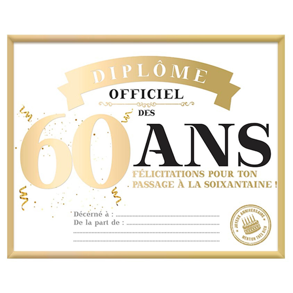 Cadre diplôme officiel des \'60 ans\' doré - 25x20 cm - [A3655]