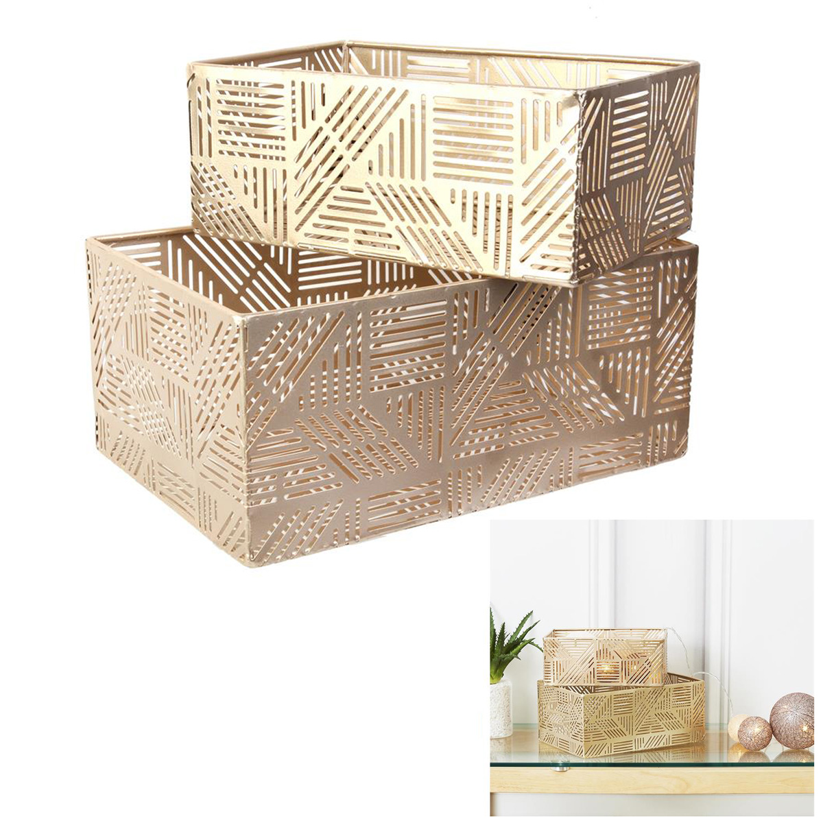 Set de 2 paniers gigognes métal \'Cléopatra\' doré - 25x17x12 cm - [A3683]
