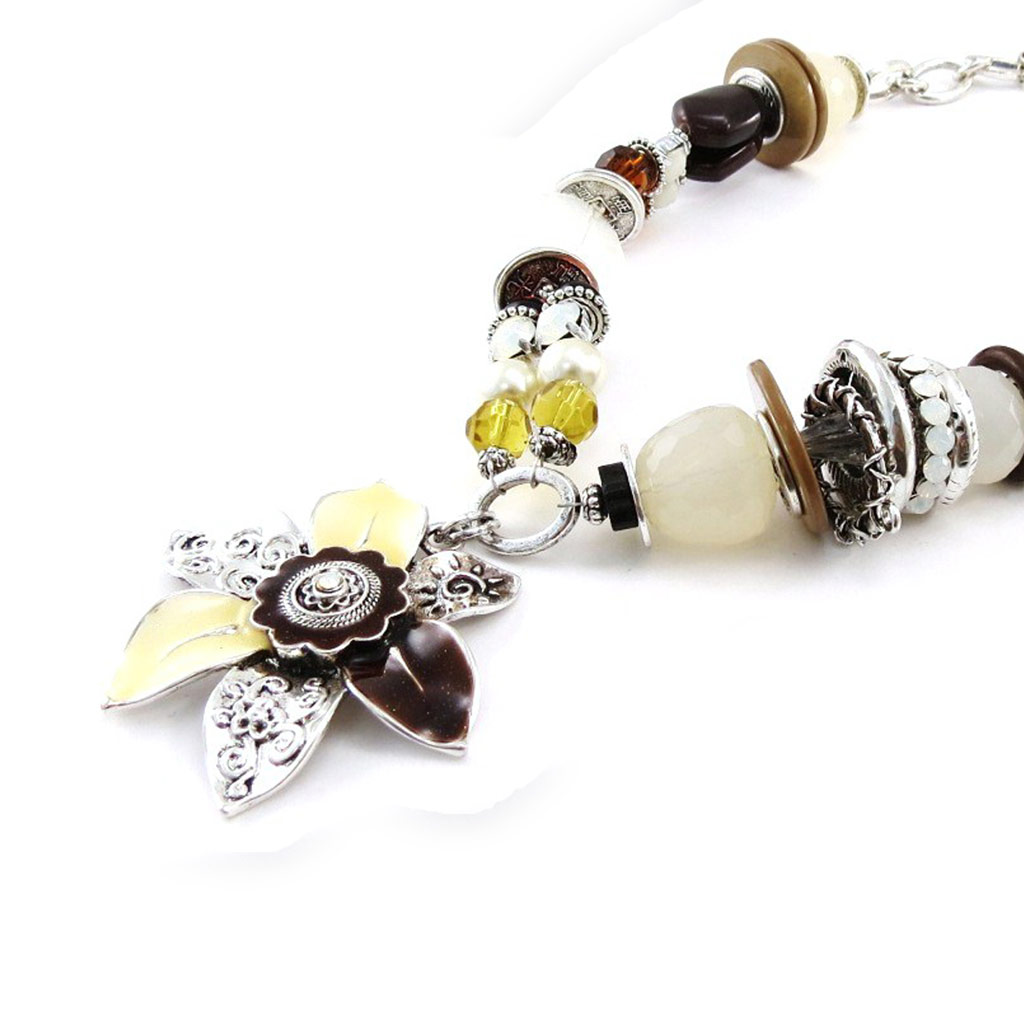 Collier Créateur \'Douchka\' beige marron - [E0644]