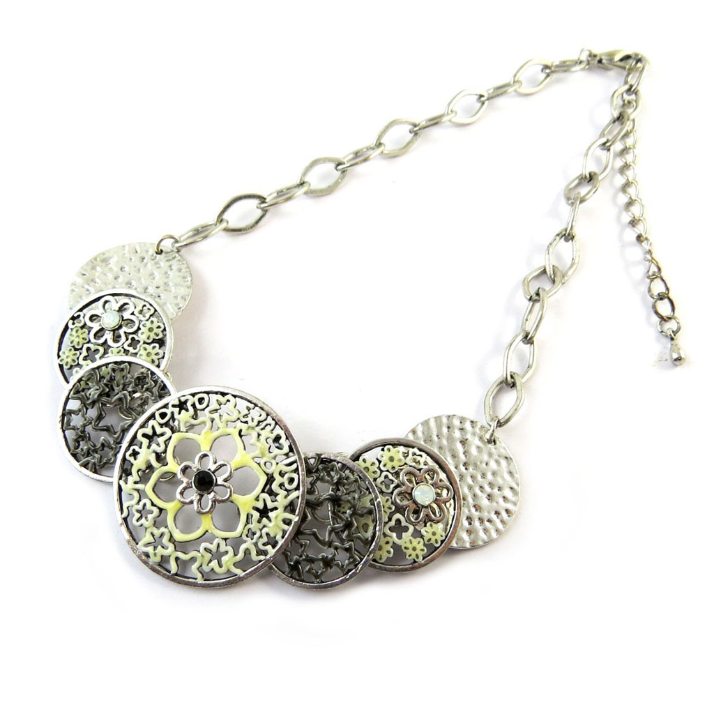 Collier Créateur \'Paquerettes\' beige gris argenté - [G0511]