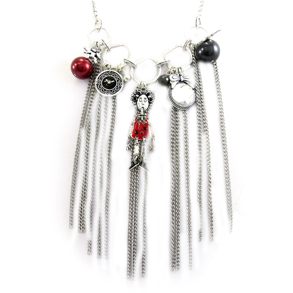 Collier Créateur \'Capucines\' rouge noir argenté - [G7793]