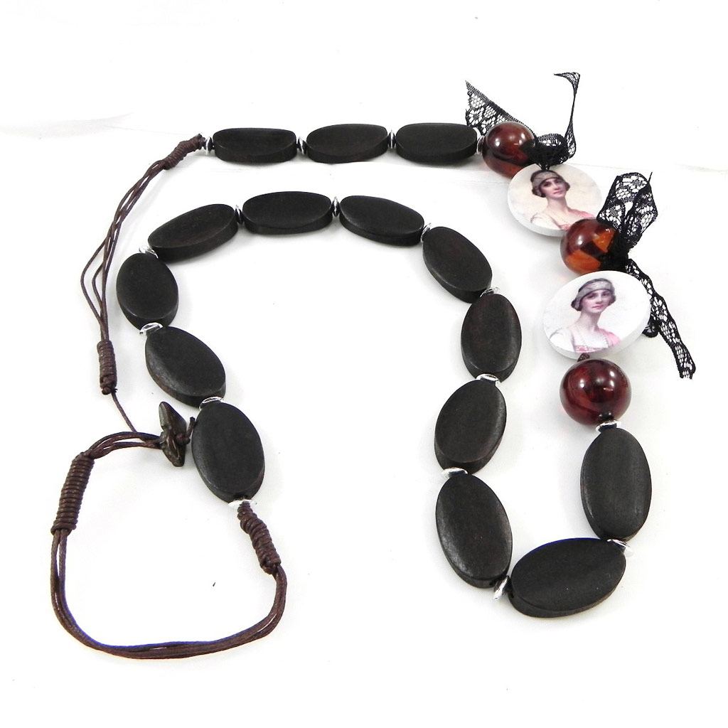 Sautoir Collier Créateur \'Belle Epoque\' rose marron - [G7922]