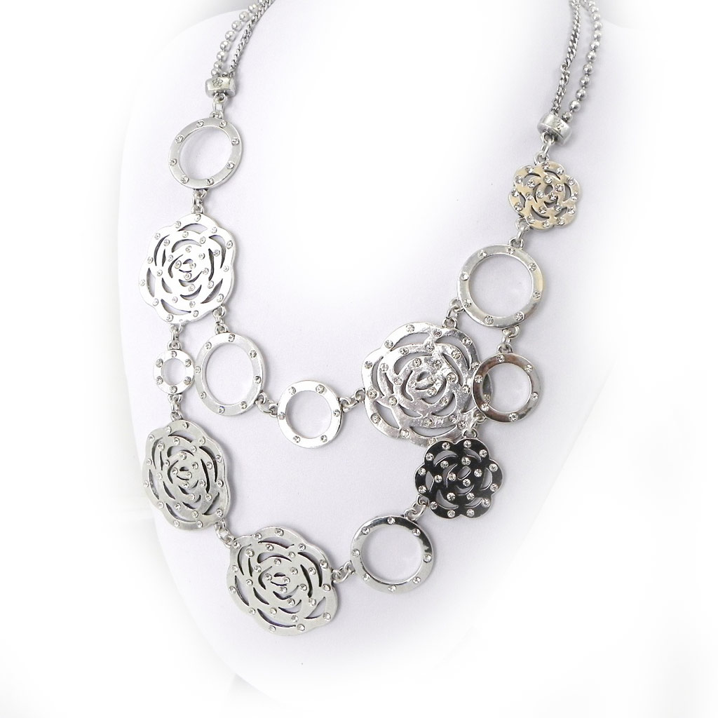 Collier Créateur \'Camélia\' argenté - [G8718]