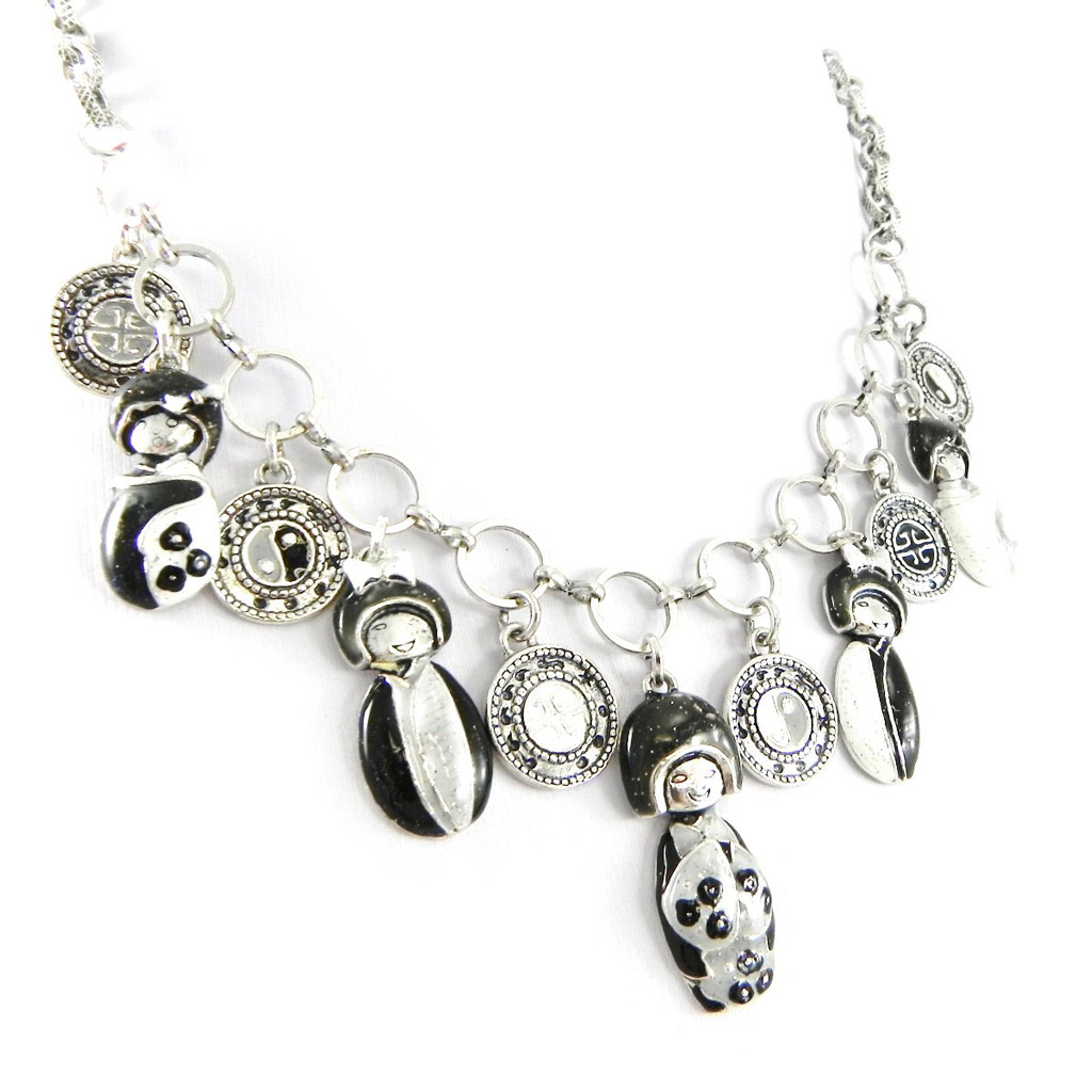 Collier Créateur \'Poupées Japonaises\' noir gris - [H4731]