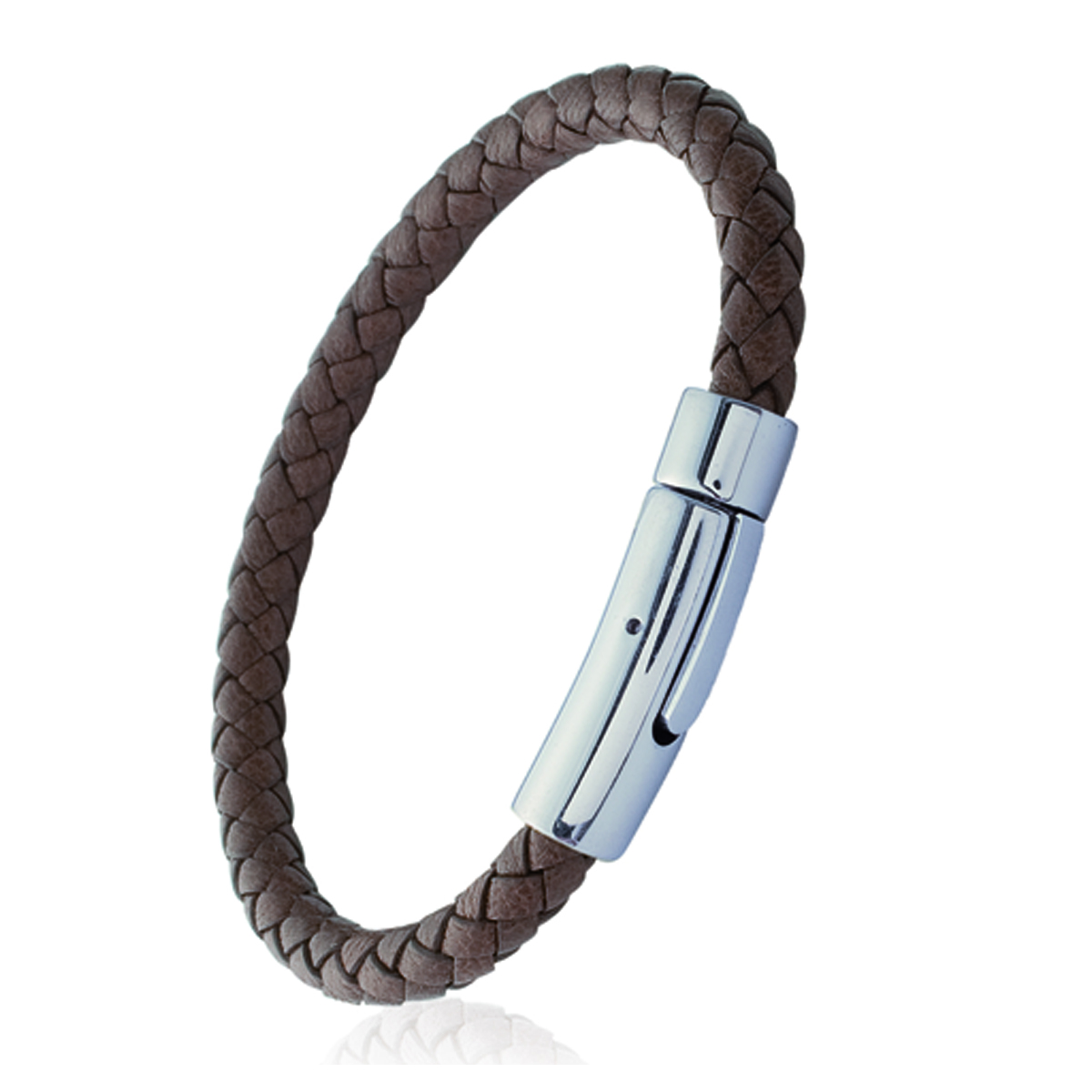 Bracelet acier cuir \'Tony\' marron argenté - 6 mm - [I1123]