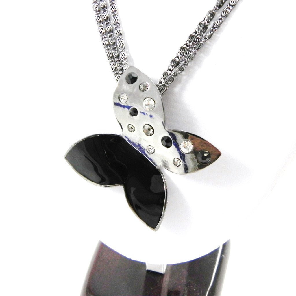 Collier Créateur \'Papillon de Cristal\' noir argenté - [I2219]