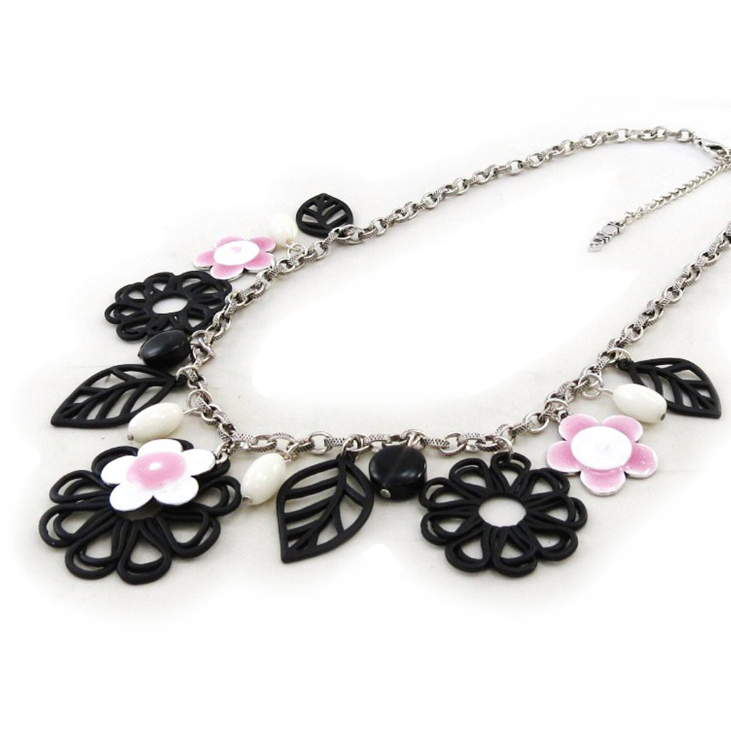 Collier Créateur \'Vahiné\' noir rose - [I9941]
