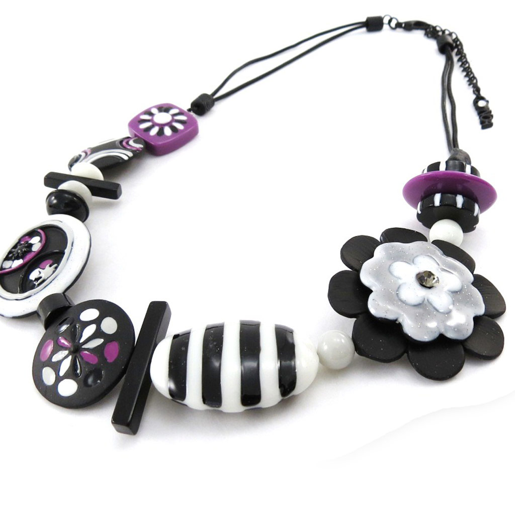 Collier Créateur \'Steppes\' noir blanc violet - [J2245]