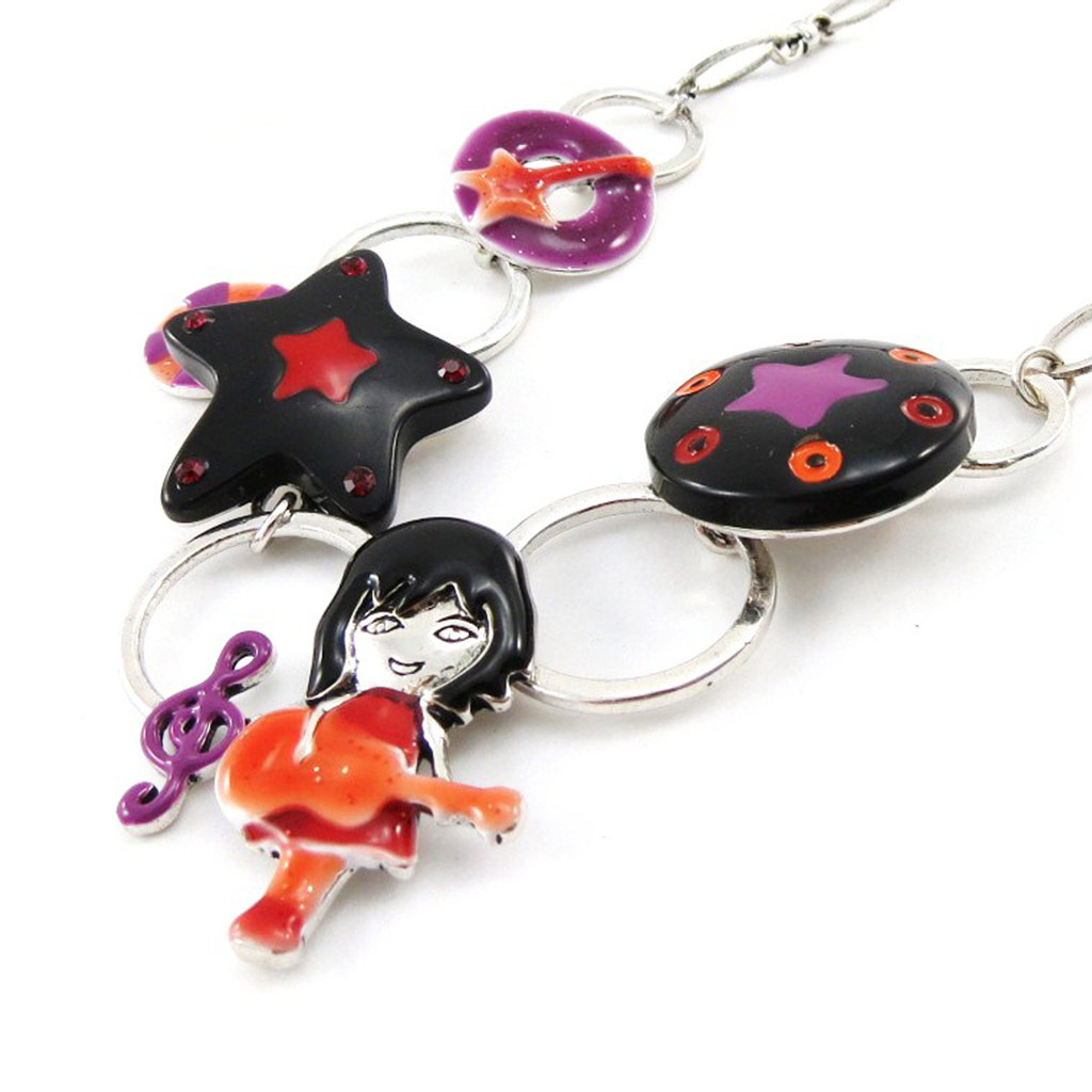 Collier Créateur \'Rockeuse\' rose rouge noir - [J2248]