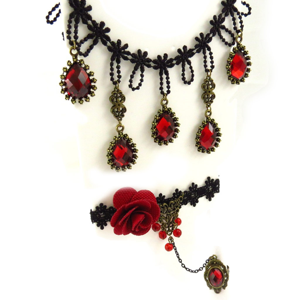 Parure créateur \'Courtisanes\' rouge noir (dentelle)  - [K6564]
