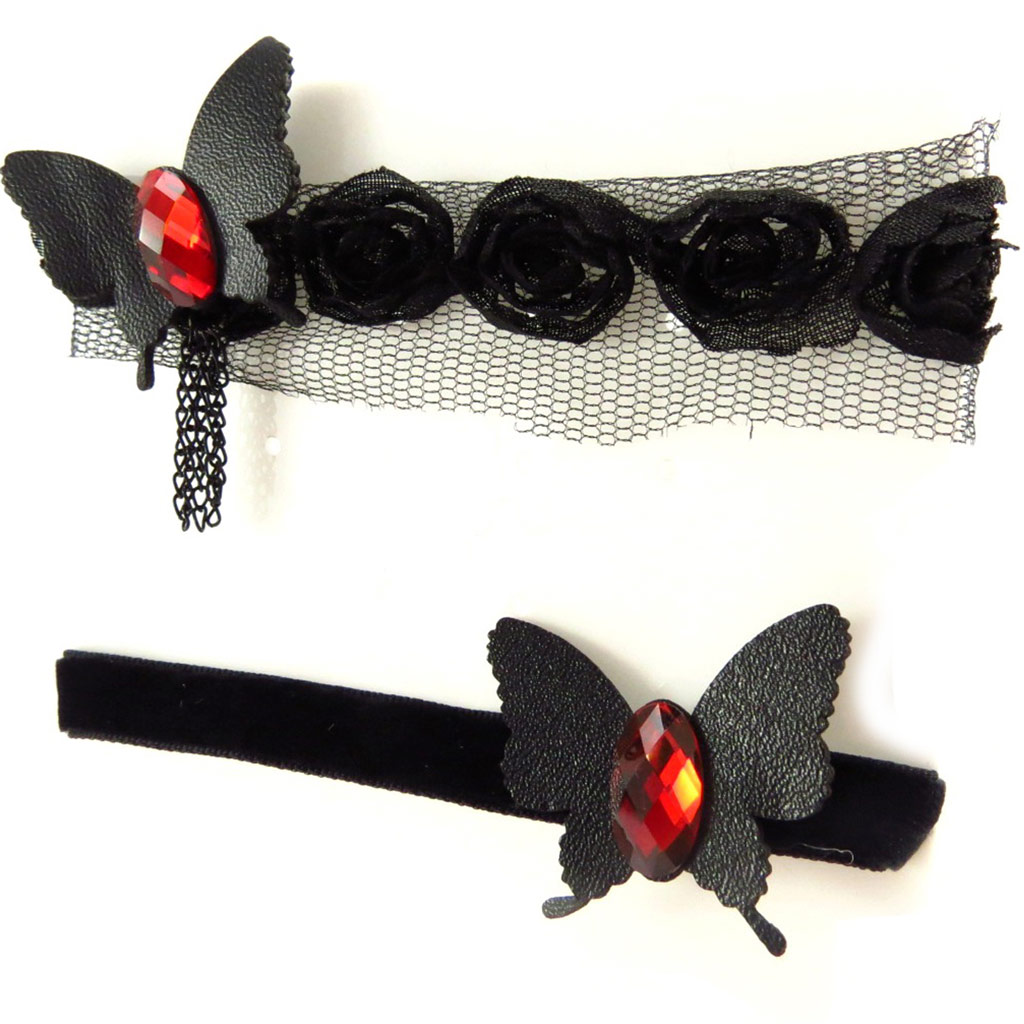 Parure créateur \'Courtisanes\' rouge noir (dentelle velours) (bracelet + chaine cheville) - [K6577]