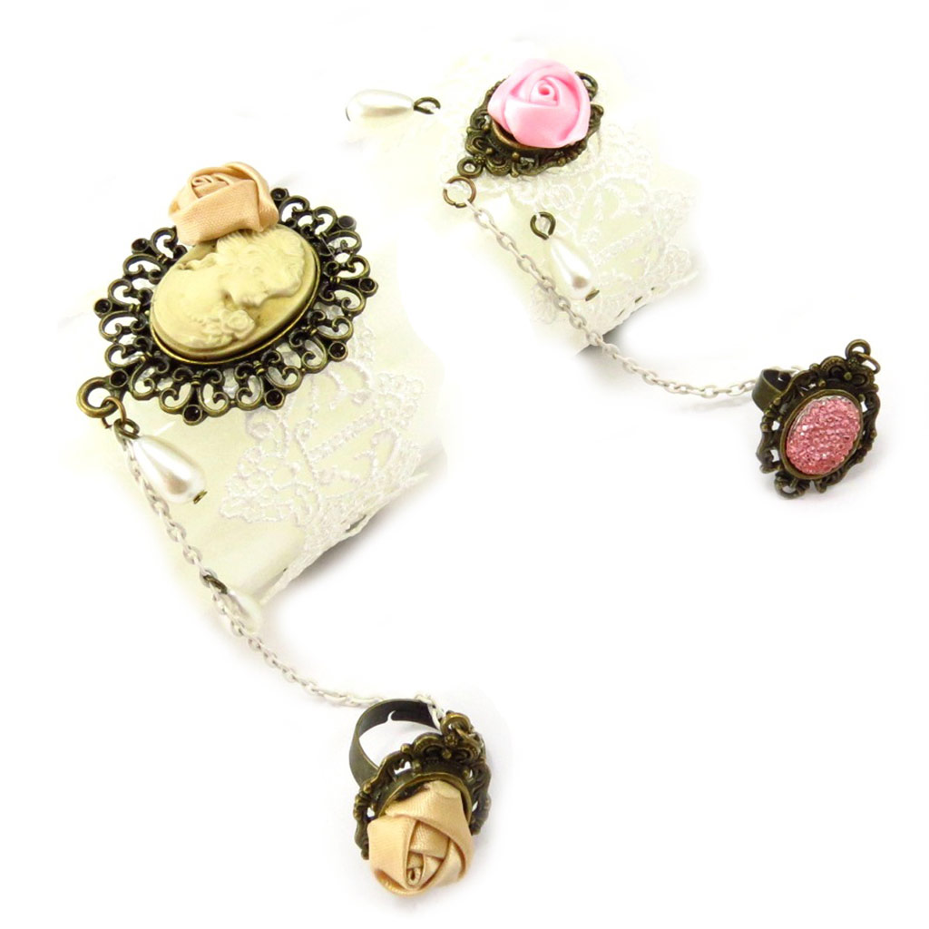 2 bracelets bagues \'Courtisanes\' ivoire rose (dentelle) - [K6579]