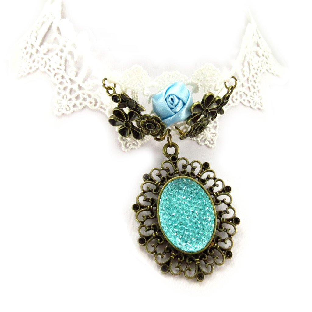 Ras de cou créateur \'Courtisanes\' ivoire turquoise (dentelle)  - [K6581]