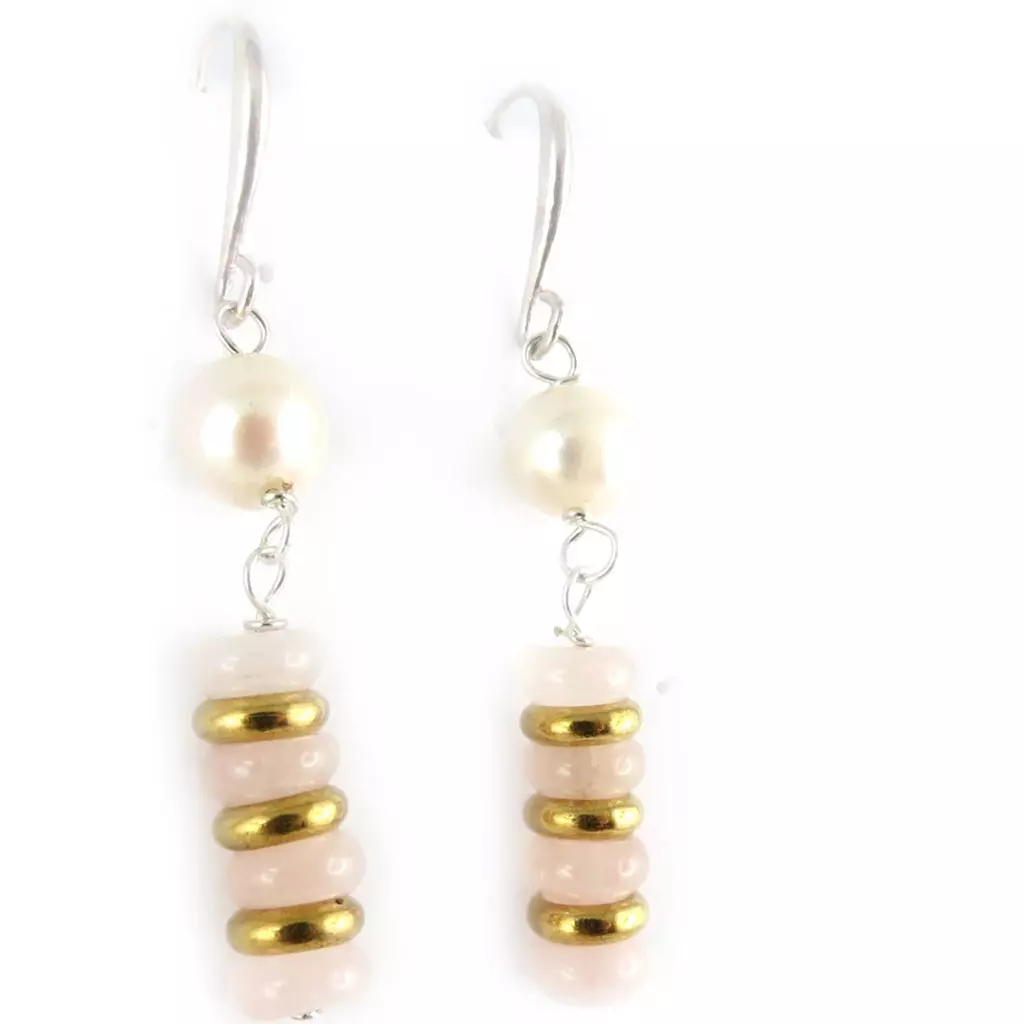 les trésors de lily Boucles 'Beauté Biwa' doré ivoire quartz rose [K7298]