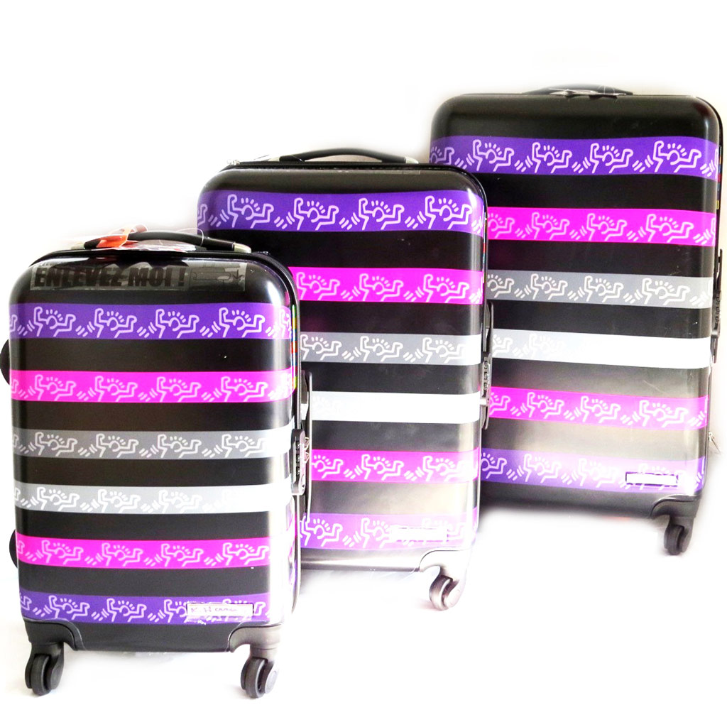 Set de 3 valises trolley ABS \'Keith Haring\' noir violet (51/61/71 cm) - [M6429]