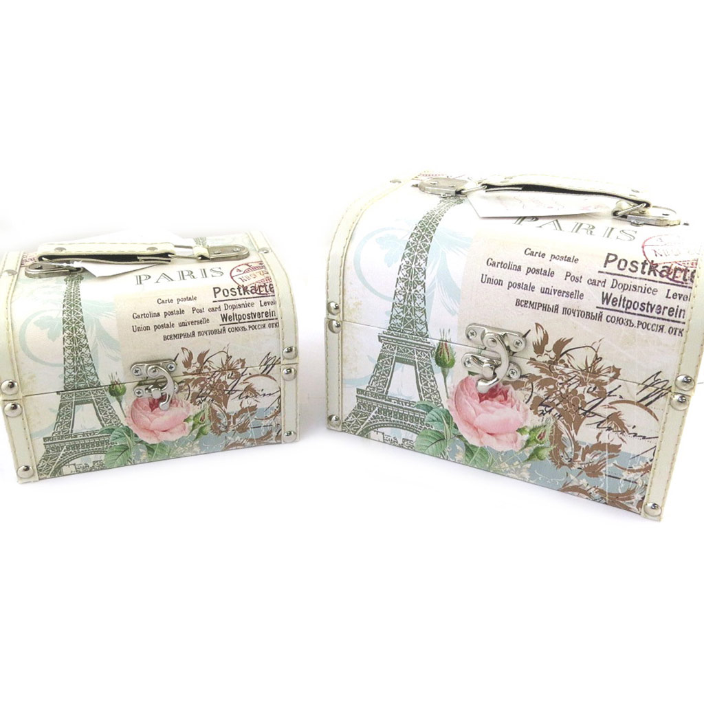Set de 2 valisettes bois \'Belle Epoque\' beige vert (Tour Eiffel) - 22x18x14 et 18x15x10 cm - [M7742]