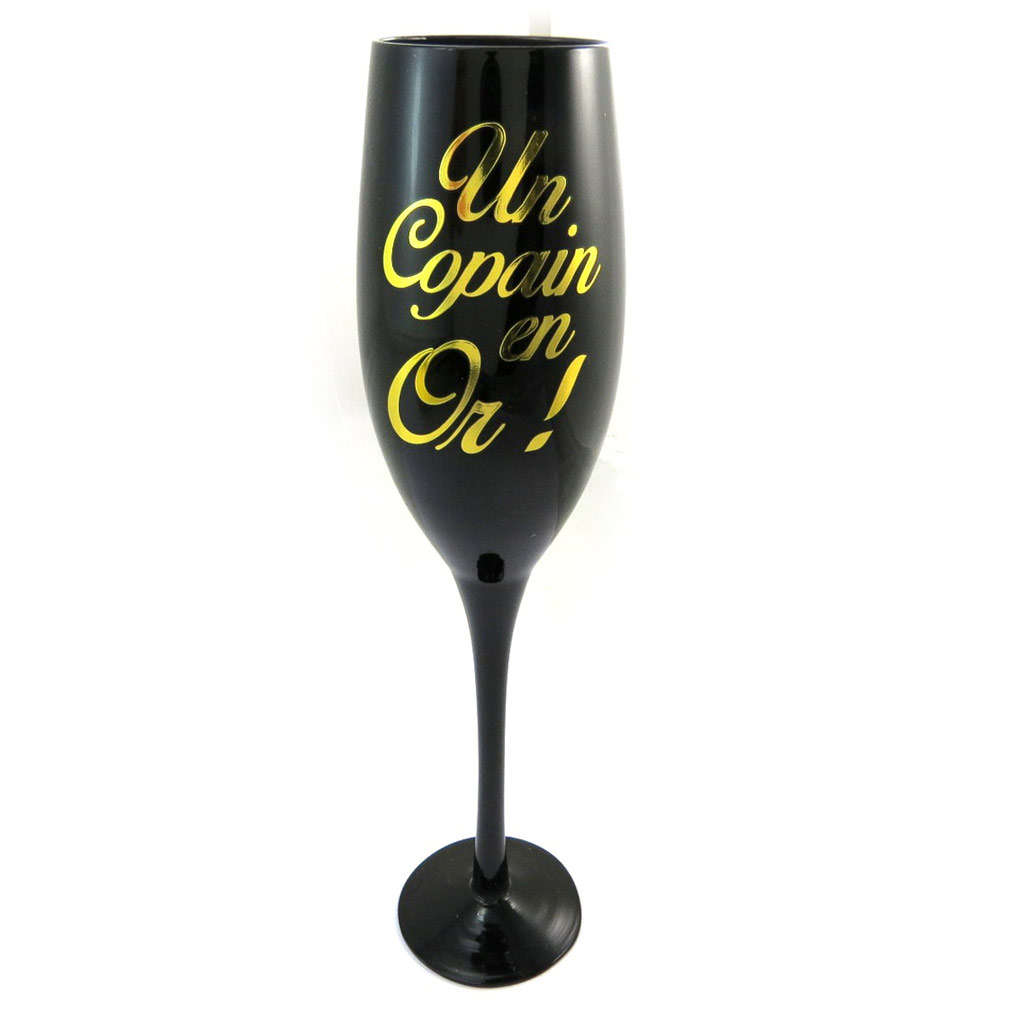 Coupe flute à champagne \'Un Copain en Or !\' noir doré - 24 cm - [N2733]