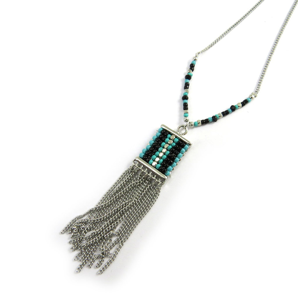 Collier créateur \'Navajos\' turquoise noir argenté - [N3102]