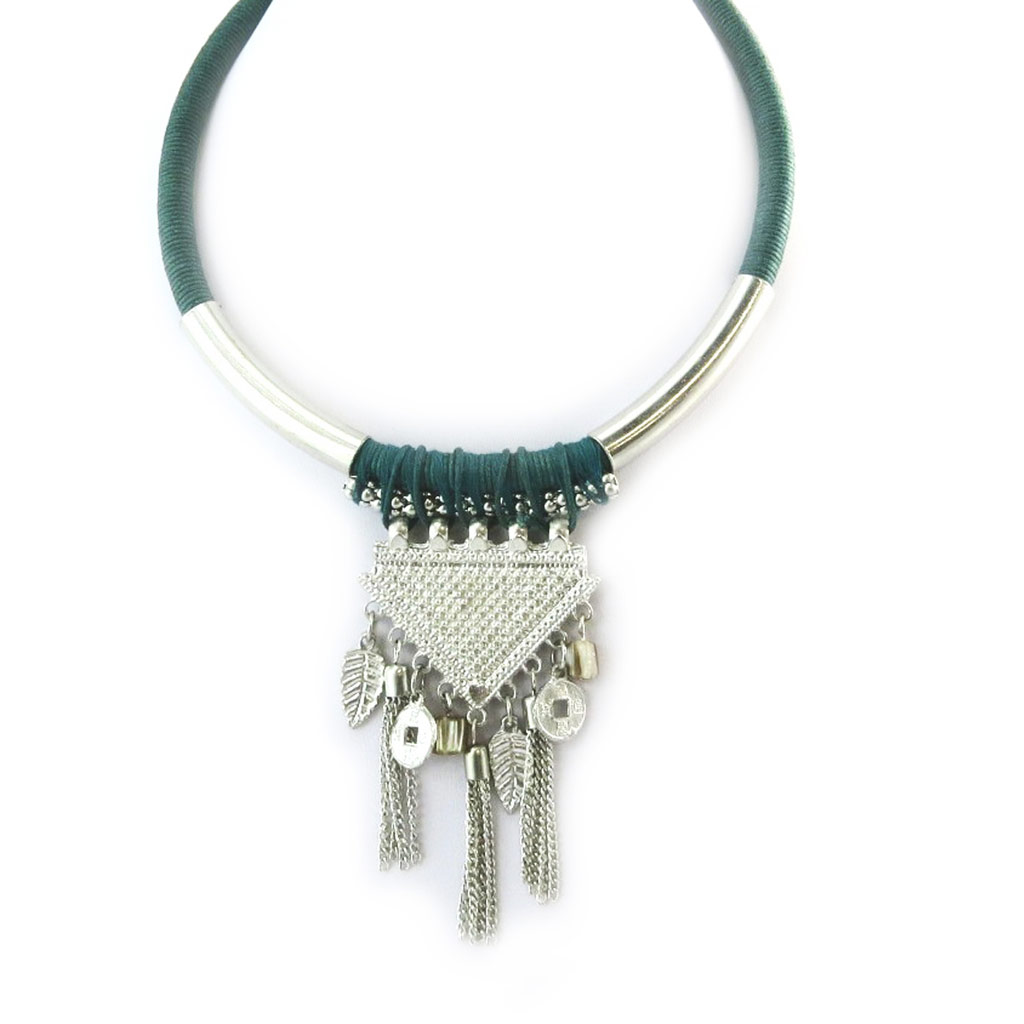 Collier créateur \'Navajos\' vert argenté - [N3588]