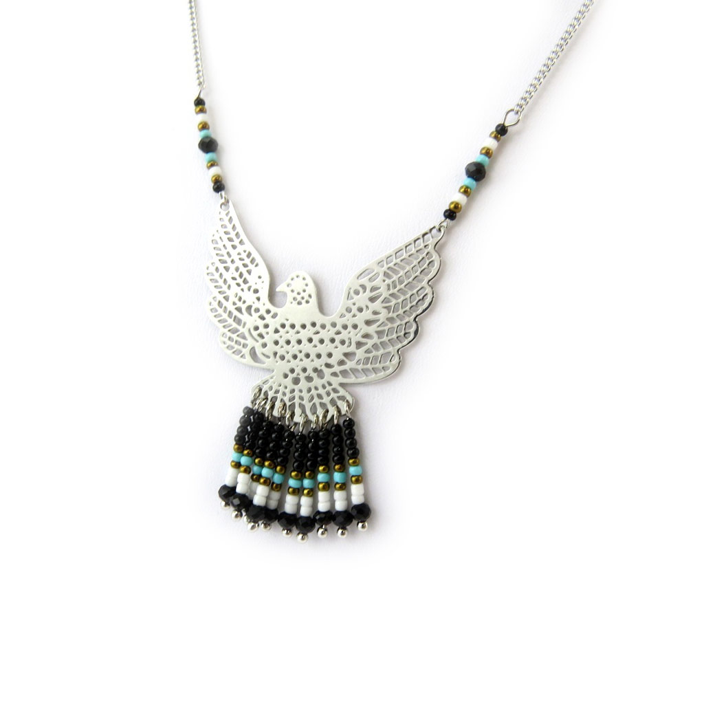 Collier \'Navajos\' noir bleu argenté (aigle) - [N3744]
