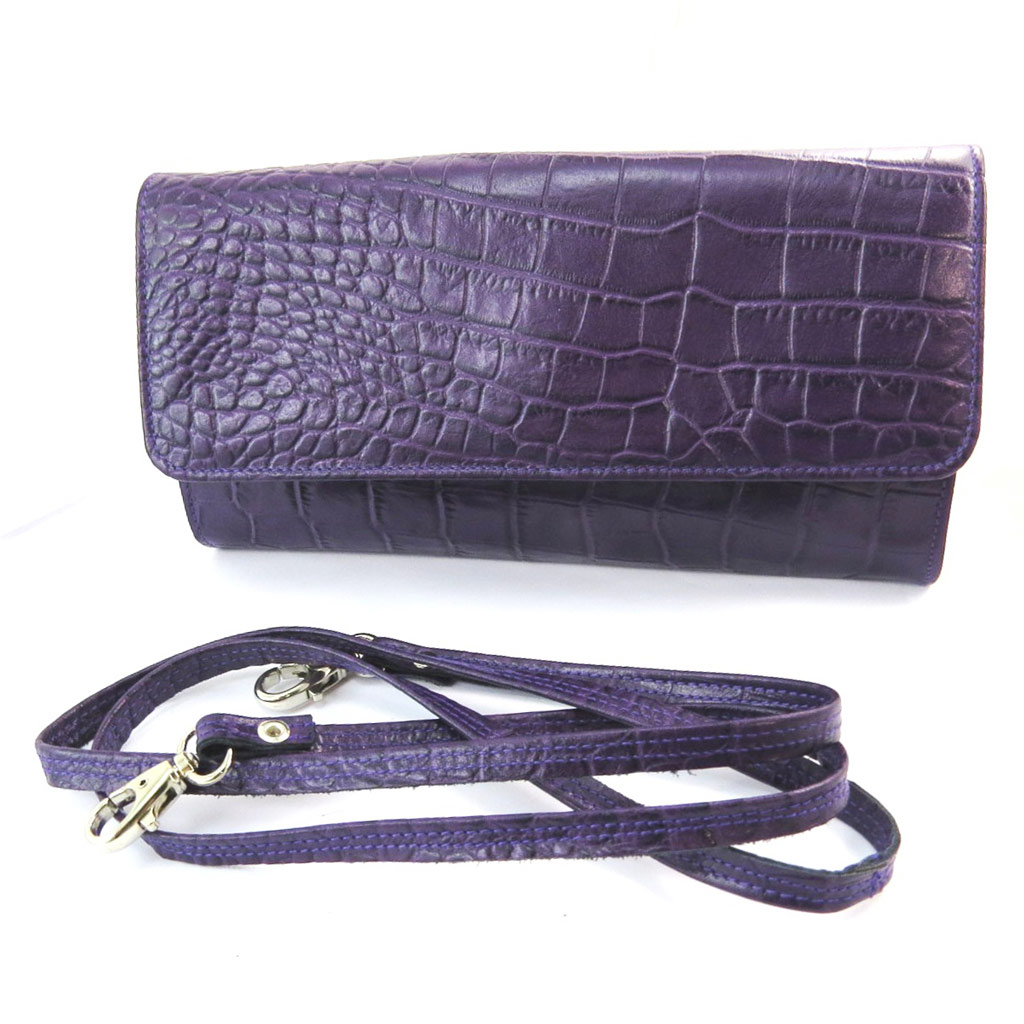 Sac pochette cuir \'Frandi\' violet (2 soufflets) Croco - [N4320]