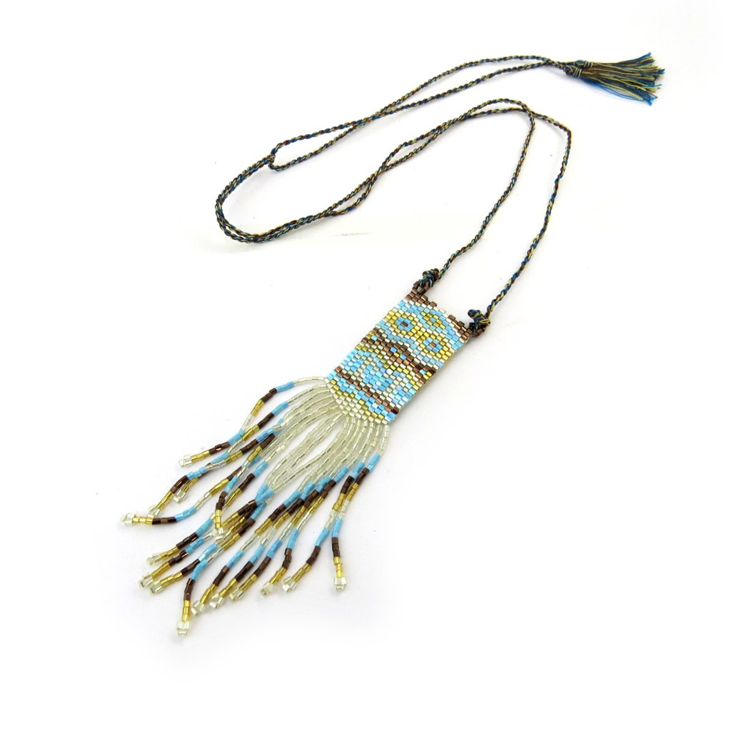 Collier Sautoir Créateur \'Altai\' turquoise marron doré - [N4618]