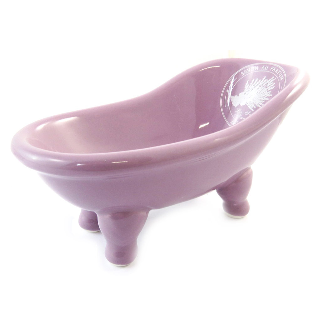 Porte-savon céramique \'Savon de Lavande\' violet (baignoire rétro) - 14x7xx7 cm - [N5679]
