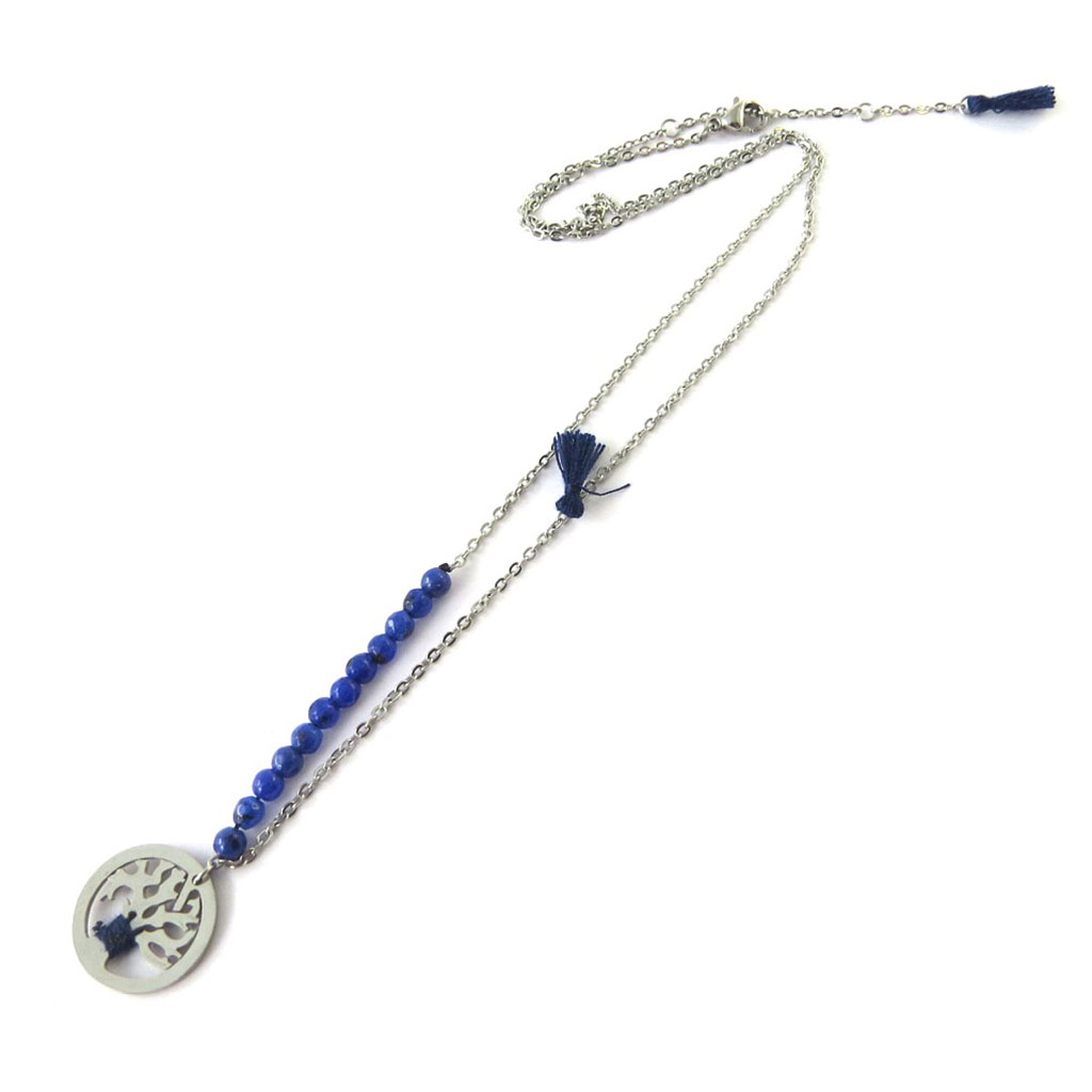 Collier Sautoir Créateur \'Arbre de Vie\' bleu argenté - [N7212]