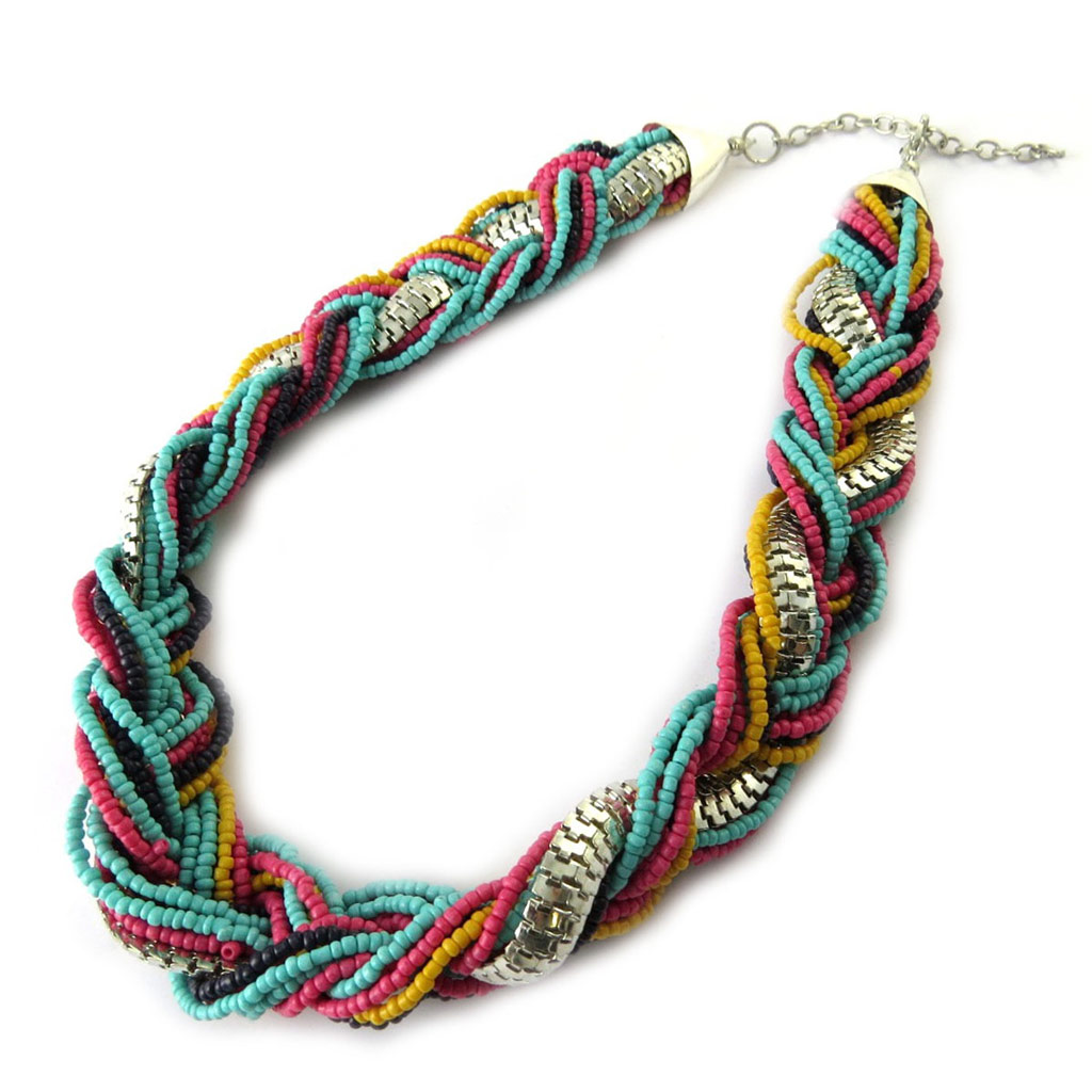 Collier Créateur \'Kilimanjaro\' turquoise rose noir argenté - [N7214]