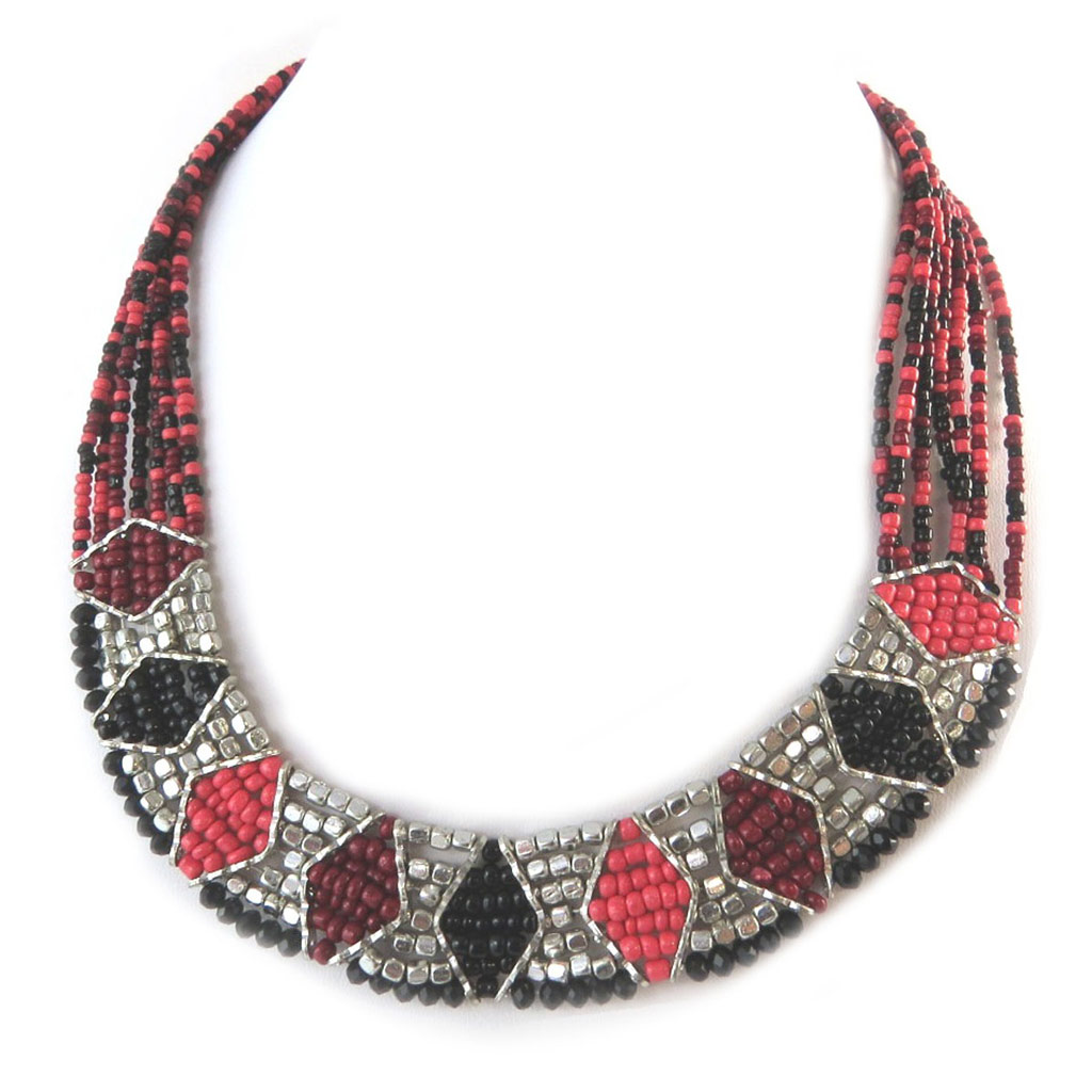 Collier Créateur \'Kilimanjaro\' rouge gris - [N8270]