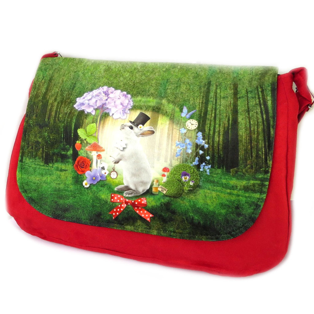 Sac besace \'Lapin Wonderland\' vert rouge - 36x28x7 cm - [N8589]