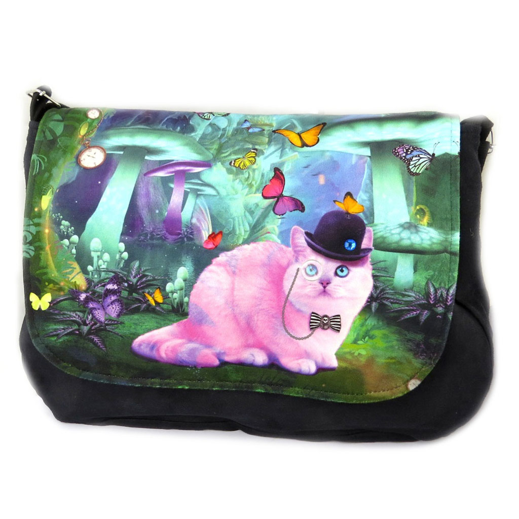 Sac besace \'Chat Wonderland\' rose vert noir - 36x28x7 cm - [N8590]