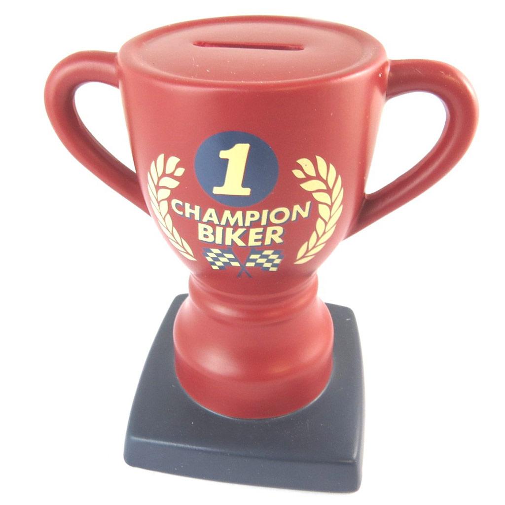 Tirelire céramique \'Champion Biker\' rouge - 17x15x10 cm - [N8638]