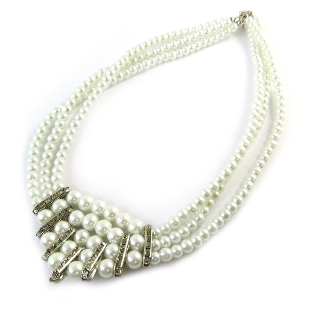 Collier créateur \'Sissi\' ivoire argenté (3 rangs) - [N8851]