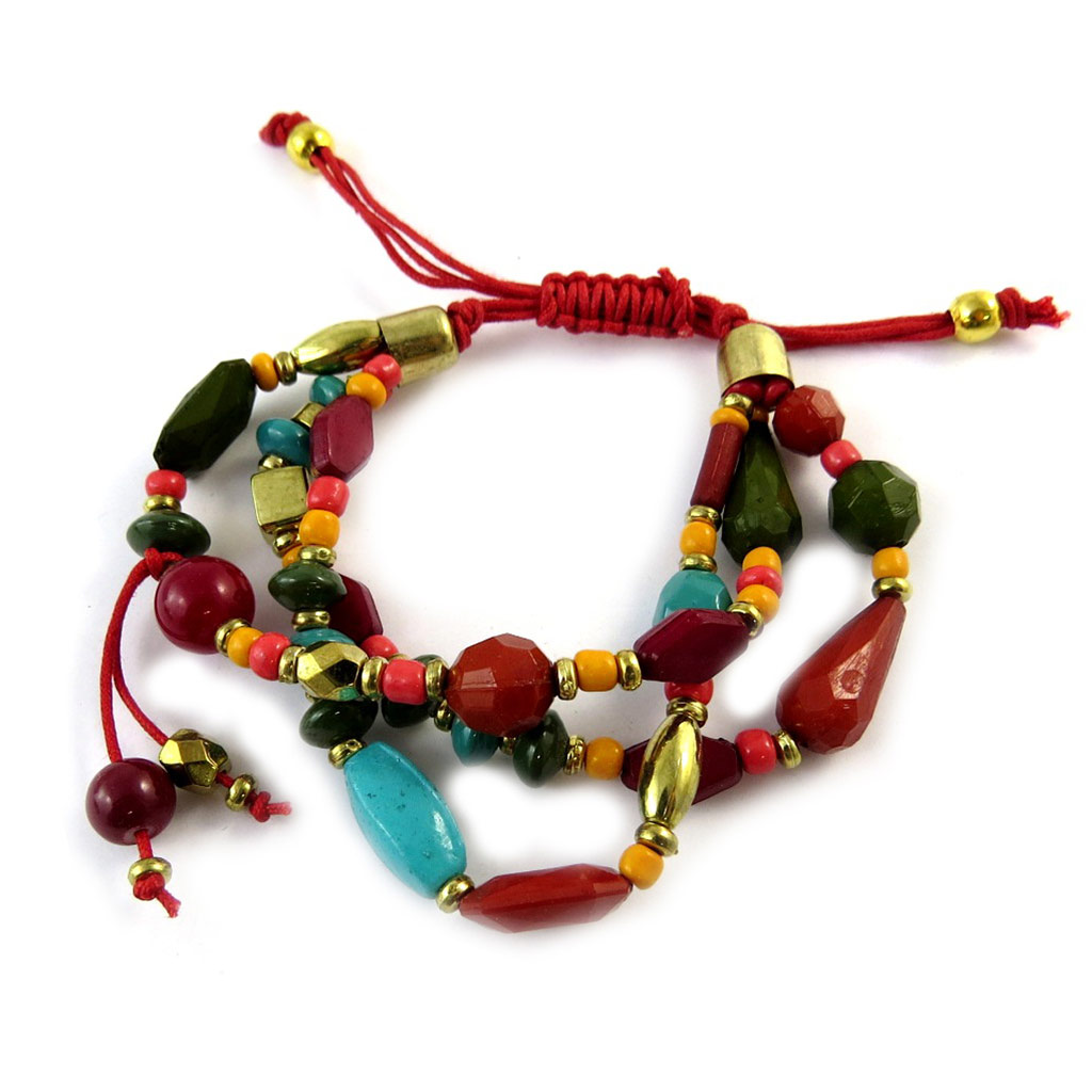 Bracelet ethnique \'Altaï\' rouge multicolore (3 rangs) - [N9221]
