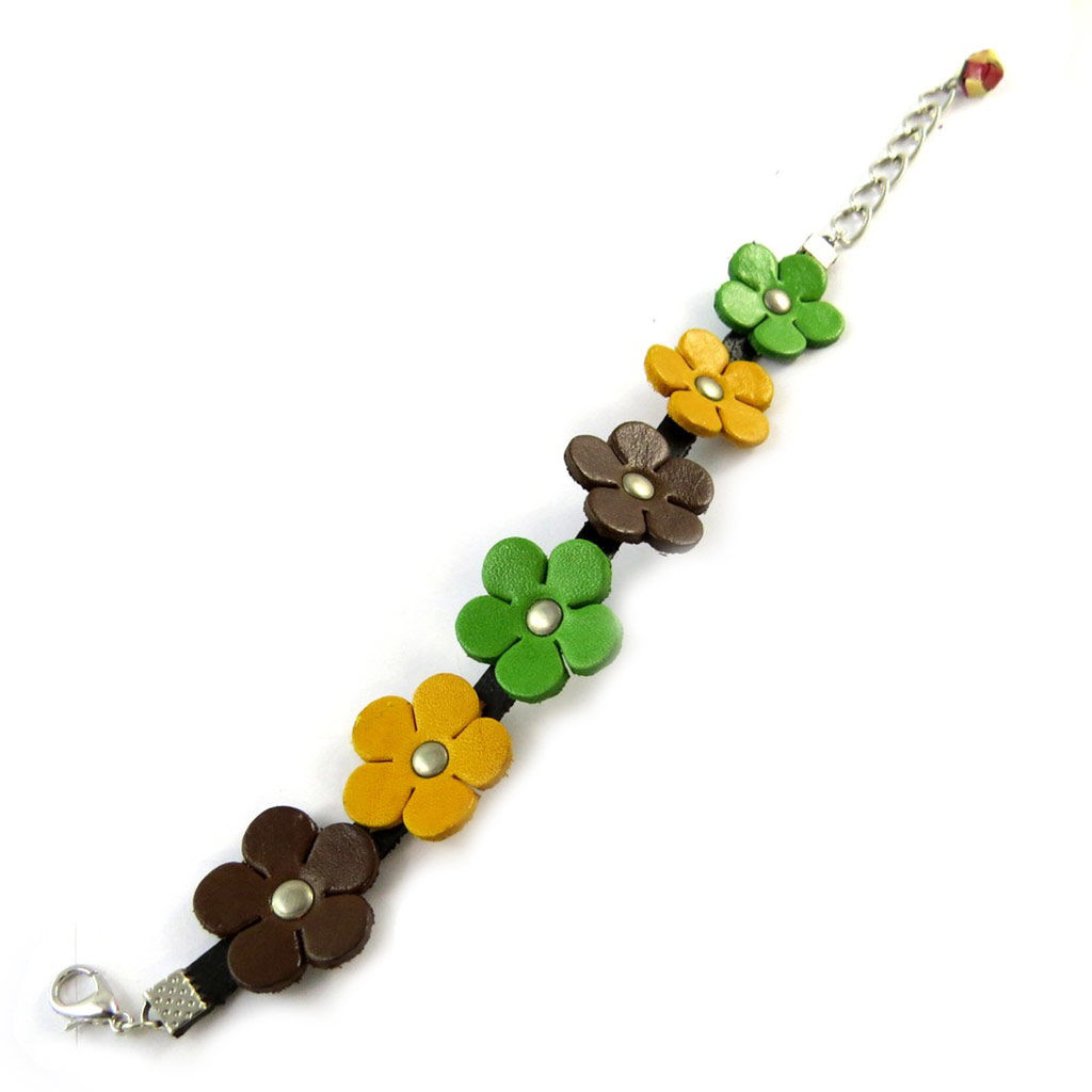 Bracelet artisanal cuir \'New Life\' jaune vert marron (fait main) - [N9558]
