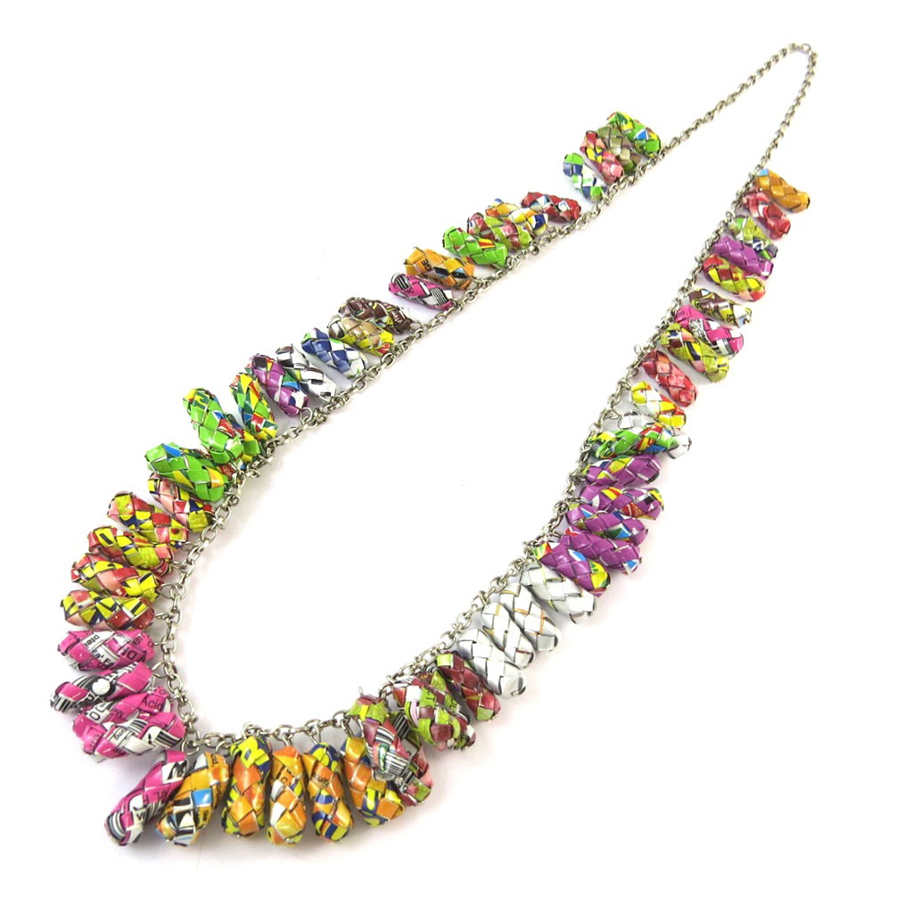 Collier sautoir artisanal cuir \'New Life\' multicolore (fait main) - [N9572]
