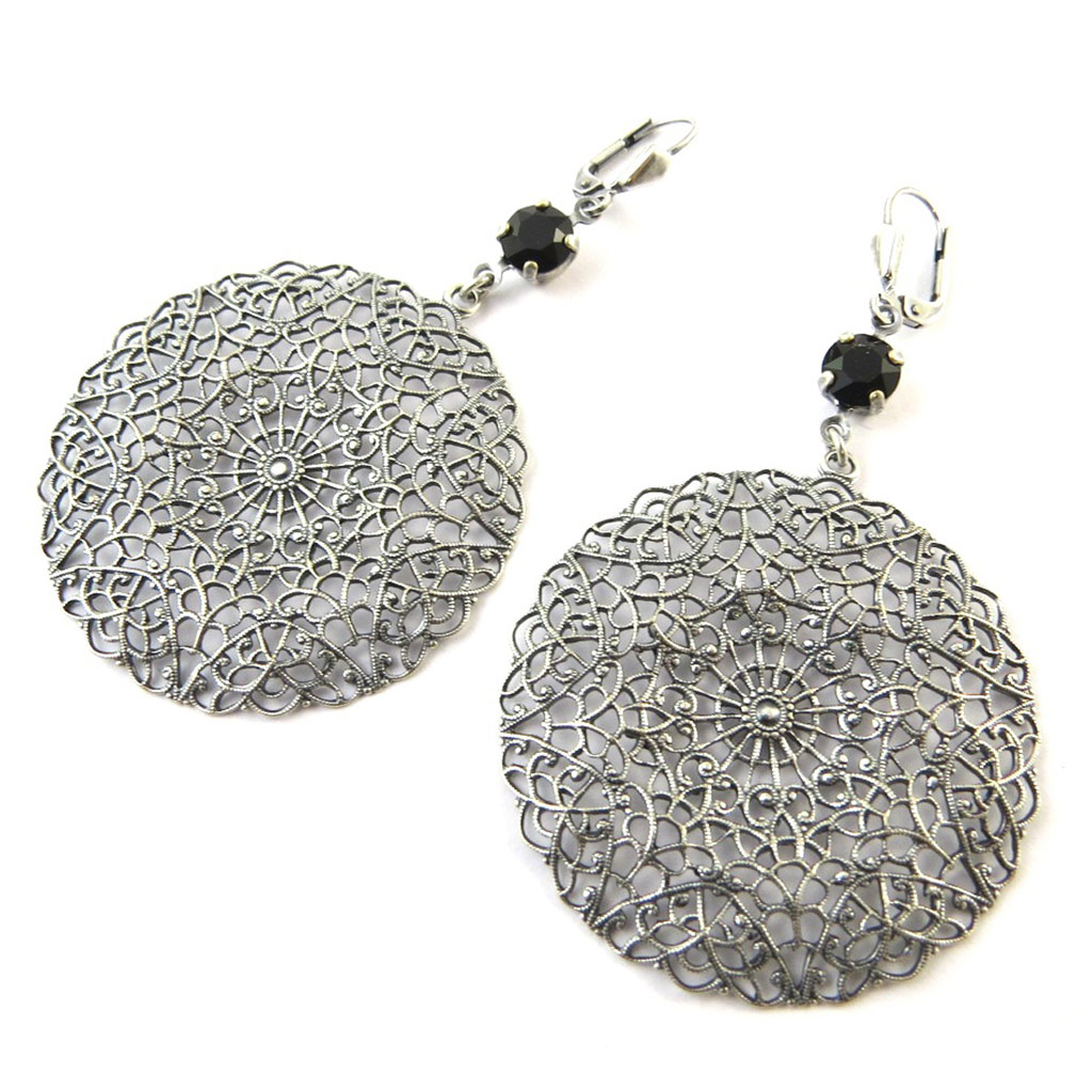 Dormeuses artisanales \'Tsarine\' noir gris - 50x40 mm - [P0845]