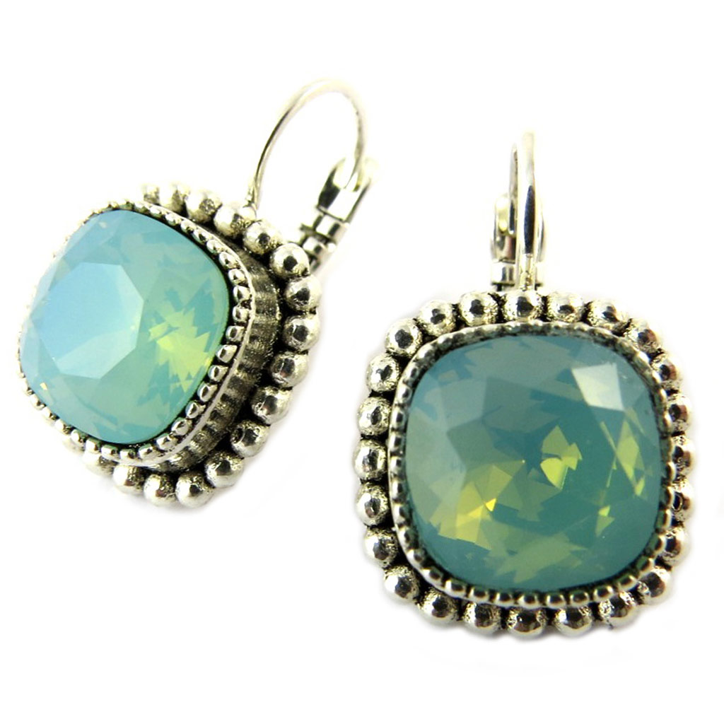 Dormeuses artisanales \'Constantinople\' turquoise pacific opalescent argenté - 14x14 mm - [P1604]