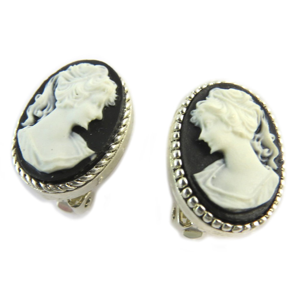 Clips d\'oreilles artisanales \'Divine Camée\' noir blanc argenté - 19x14 mm - [P1627]