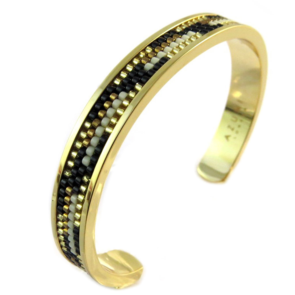 Bracelet artisanal \'Azuni\' noir beige doré (fait main) - [P1723]