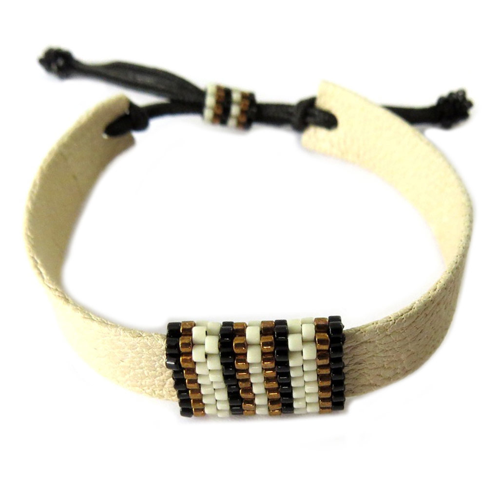 Bracelet cuir artisanal \'Azuni\' beige marron noir (fait main) - [P1745]