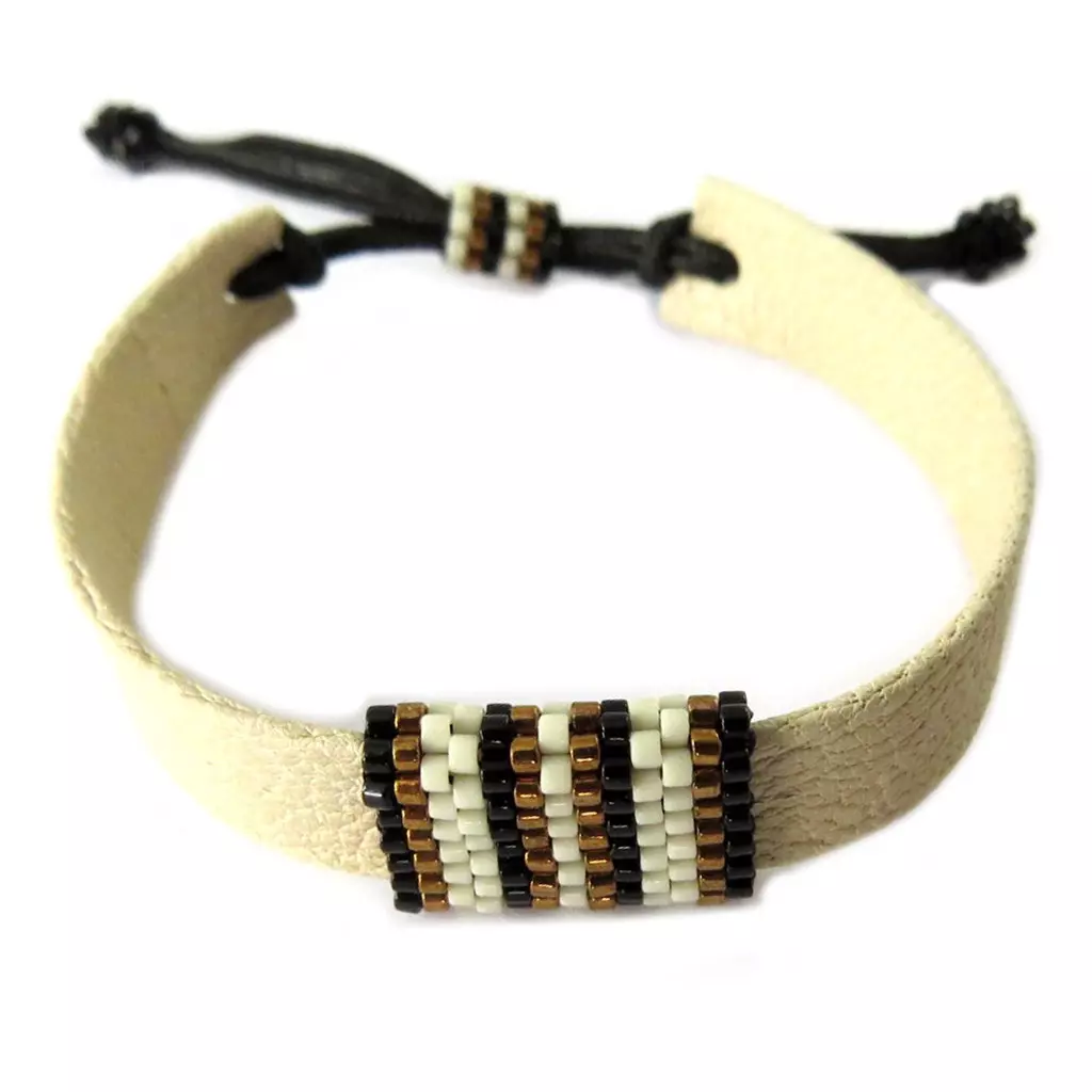 les trésors de lily Bracelet cuir artisanal 'Azuni' beige marron noir (fait main) [P1745]